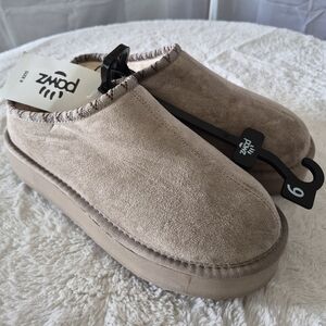 NWT Pawz Women's Sz 9 Stone Platform Microsuede Clog Slippers Faux Fur Lining